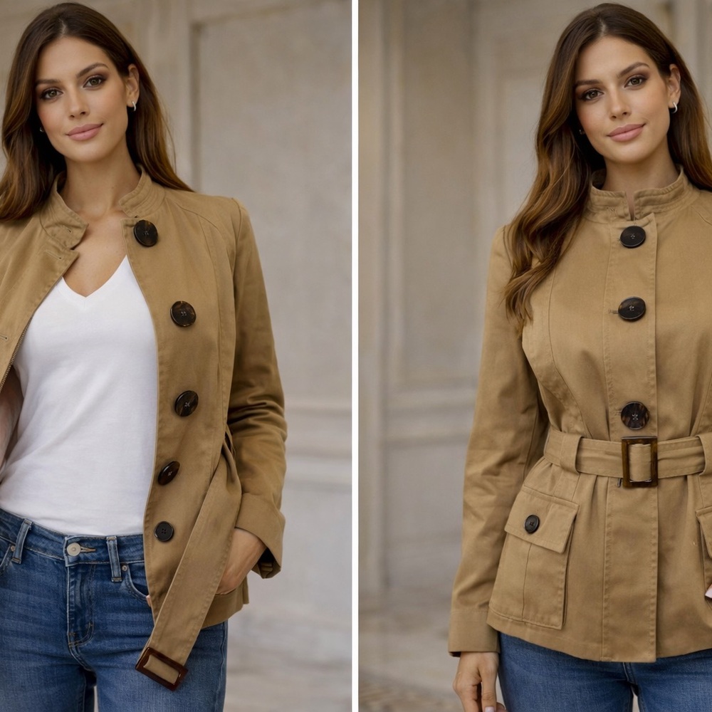 Women's Tan Utility Button-Front Jacket with Belt